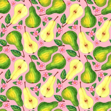 Çiçekli sulu armut. Pembe arka planda izole edilmiş kusursuz desen.