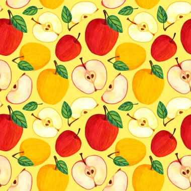 Kırmızı ve sarı elma meyvesi yapraklar ve tohumlarla sulu boya desensiz