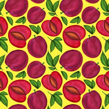 Kırmızı Çin eriği suluboya desenli. Sarı arka planda taze meyve