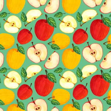 Yapraklı taze elma meyvesi, bahçe meyvesi suluboya kusursuz desen