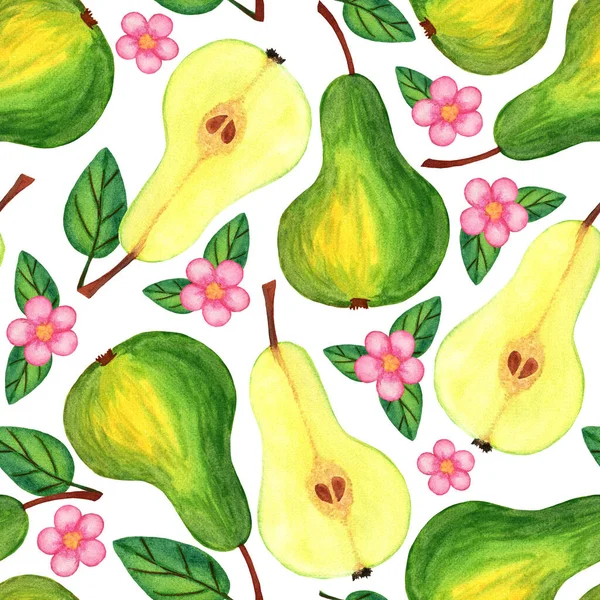 Juicy pear with flowers seamless pattern isolated on white background — Stock Photo, Image