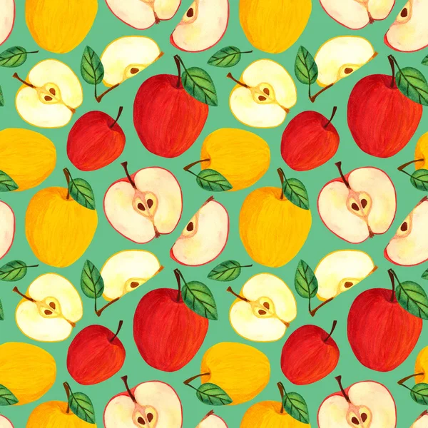 Fruta de manzana fresca con hojas, fruta del jardín acuarela patrón sin costuras — Foto de Stock