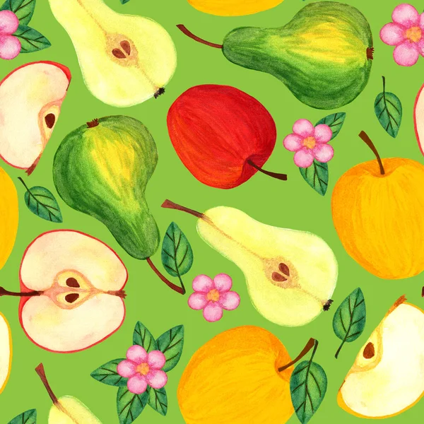 Apple and pear garden fruit watercolor seamless pattern — Stock Photo, Image