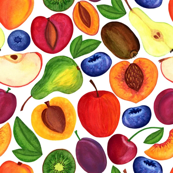 Trädgårdsfrukt sömlöst mönster. Akvarellmålat mönster, Sommar saftig skörd — Stockfoto