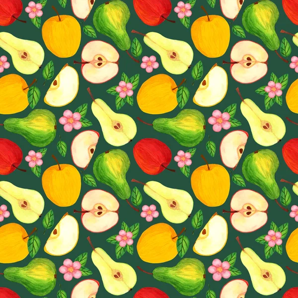 Pear and apple fruit, Fresh garden harvest watercolor seamless pattern — Stock Photo, Image
