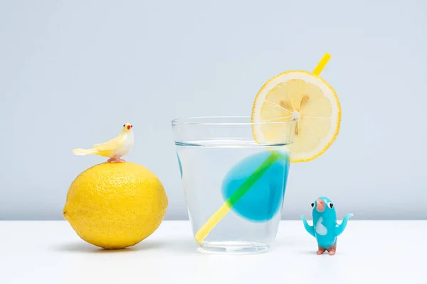 ガラスの中に健康的なレモネードが置かれています 純粋な水とレモンのガラスが白いテーブルの上に置かれている テーブルの上のレモネードとガラスの鳥 — ストック写真