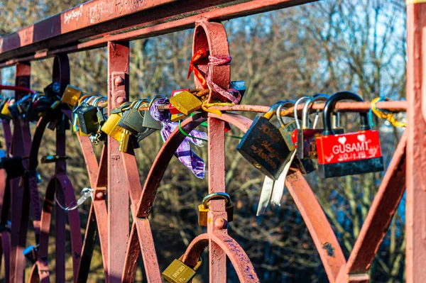 Kyiv Ukraine January 2020 Parkovy Bridge Lot Love Locks Designed — Stock Photo, Image