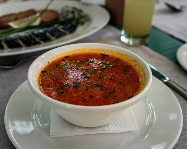 Kharcho Sopa Tradicional Georgiana Que Contiene Carne Res Arroz Puré —  Fotos de Stock