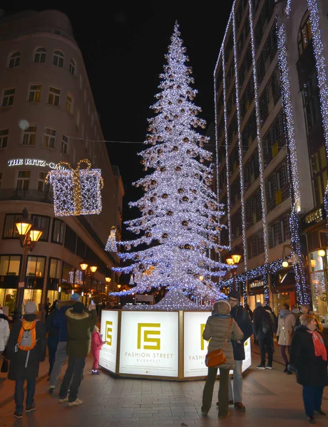 Budapest Hungria Dezembro 2017 Decoração Natal Rua Noturna Budapeste Dezembro — Fotografia de Stock