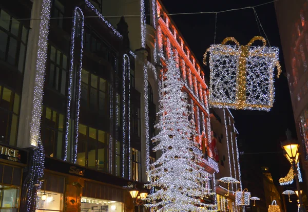 Budapest Hongrie Décembre 2017 Décoration Noël Dans Rue Nuit Budapest — Photo