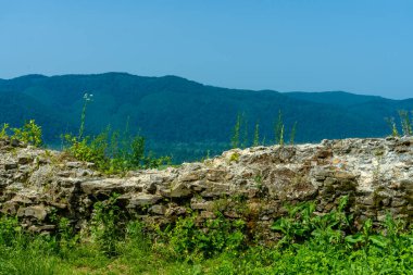 KHust, UKRAINE - 24 Haziran 2021: 24 Haziran 2021 Ukrayna 'nın başkenti Khust' ta tuzlu yolu korumak için inşa edilen Khust Kalesi kalıntıları.