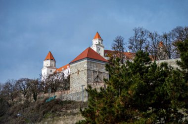 SLOVAKIA, BRATISLAVA - 8 Ocak 2025 Bratislava Kalesi Bratislava 'daki Little Carpatthians' ın izole edilmiş kayalık tepesinde bulunan dört köşeli kuleleri olan devasa dikdörtgen bir bina