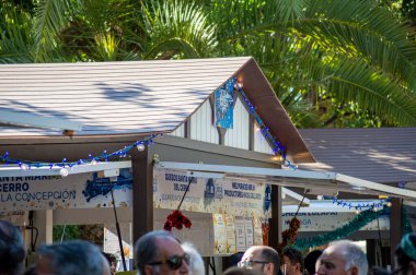 MALAGA, SPAIN - 8 Aralık 2024: İspanya 'nın Malaga şehrinde Noel yemeği pazarı, şenlikli dekorasyonlar, yerel lezzetler ve neşeli bir tatil atmosferi.