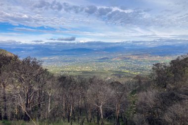 İspanya, Mijas yakınlarında terk edilmiş açık maden ocakları ve yanmış ağaçlar boyunca yürüyüş yapmak. 