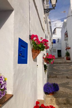 FRIGILIANA, SPAIN - 10 Mayıs 2025: Frigiliana, İspanya 'da beyazlatılmış evler ve renkli çiçeklerle çevrili büyüleyici dar sokaklarda huzurlu bir yürüyüş