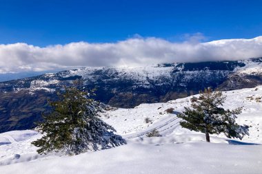 El değmemiş kış dağ manzaraları, İspanya 'nın Sierra Nevada kentindeki karla kaplı tepeleri ve el değmemiş dağlık arazileri gösteriyor..
