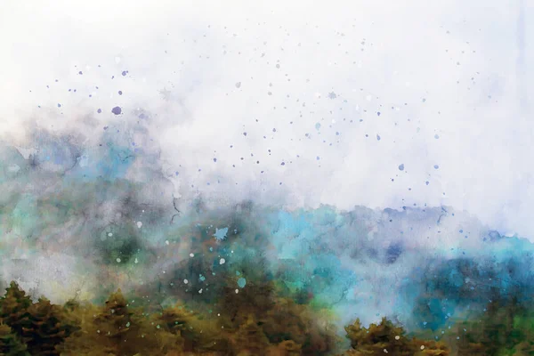 Semi-abstract image of pine forest on mountain with fog, digital watercolor painting