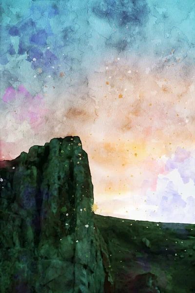 Felsklippe Der Dämmerung Mit Buntem Himmelshintergrund Digitale Aquarellmalerei — Stockfoto