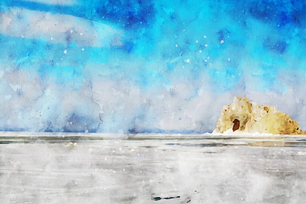 Ilha Rocha Lago Congelado Com Fundo Azul Céu Pintura Aquarela — Fotografia de Stock