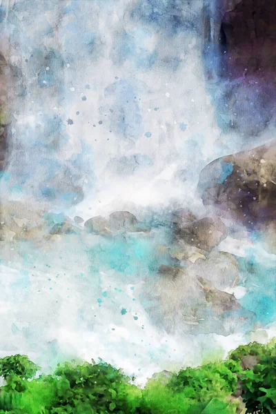 Digital Painting Waterfall Watercolor Texture Image Nature Illustration — Stock Photo, Image