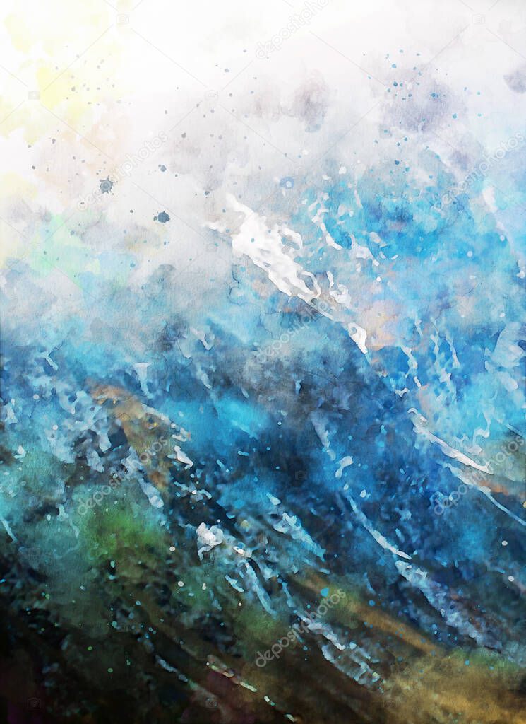 Digital painting of mountain in blue  shades, digital illustration, watercolor texture on image