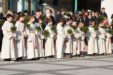 Palm Sunday on Seewalchen (Vcklabruck bölgesi, Yukarı Avusturya) - Her yıl Palm Sunday 'de, renkli palmiye ağaçları Kudüs' e İsa 'nın girişi anısına 