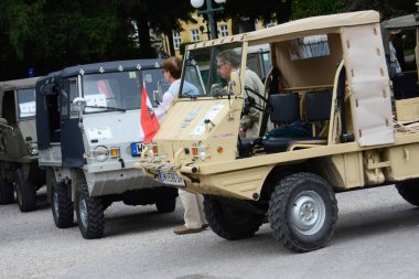 Steyr-Puch Haflinger off-road araçlarının toplantısı Bad Ischl, Avusturya, Avrupa 'da
