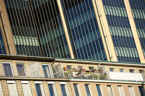 Balcón Con Flores Fondo Una Moderna Fachada Cristal Duesseldorf Alemania — Foto de Stock