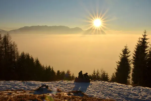 Solnedgång Vintern Gruenberg Österrike Europa — Stockfoto