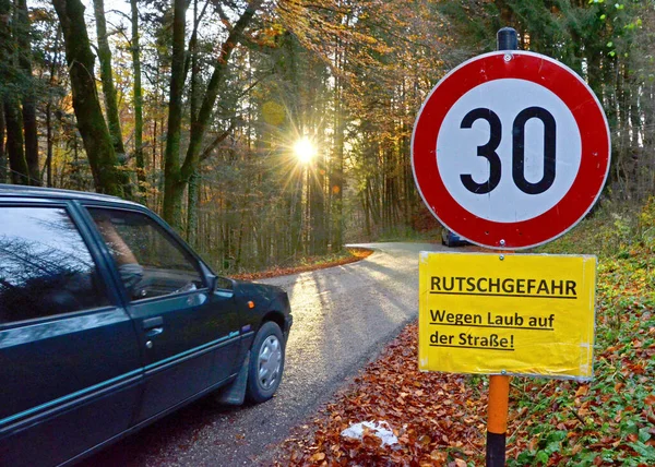 Firmare Pericolo Slittamento Autunno Una Strada Austria Europa — Foto Stock