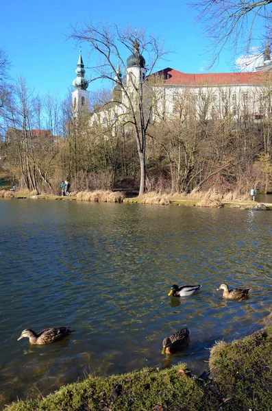 ヨーロッパ オーストリア 春のプッヒハイム修道院の池 — ストック写真