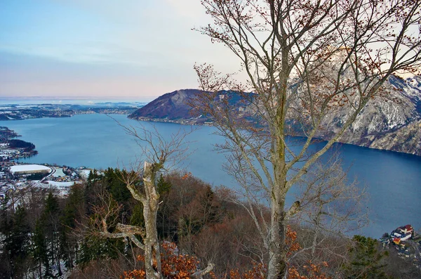 Traunstein Con Nieve Sol Tarde Salzkammergut Austria Europa —  Fotos de Stock