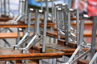 Empty beer tables and benches before an open air festival in Upper Austria, Austria, Europ