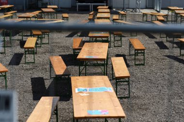 Empty beer tables and benches before an open air festival in Upper Austria, Austria, Europe