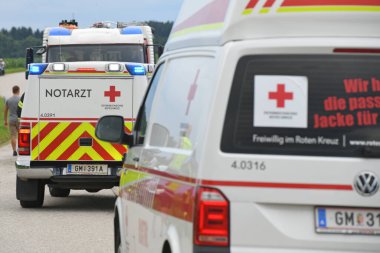 Emergency doctor vehicle and ambulance in Upper Austria, Austria, Europe
