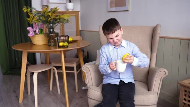 Chłopak bawi się sztuczną cytryną i kubkiem. — Wideo stockowe