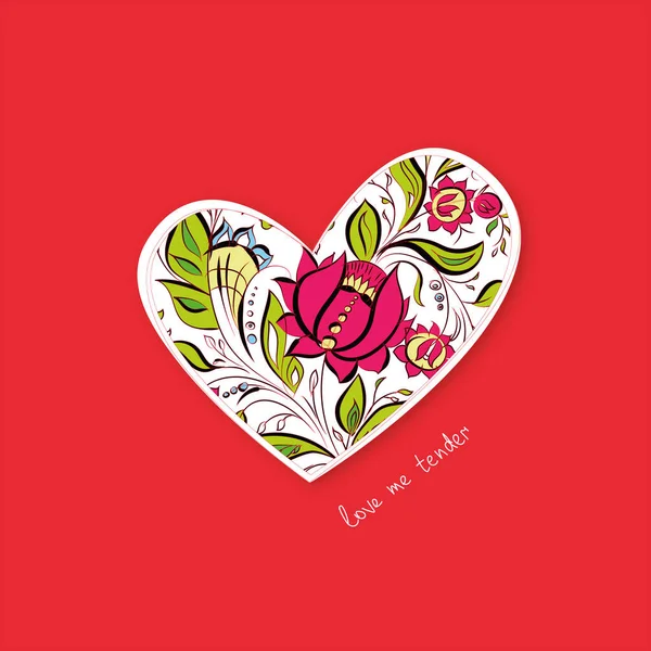 Kırmızı Arka Planda Çiçek Süsleri Olan Bir Kalp Sevgililer Günü — Stok Vektör