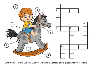 Vektör renk bulmaca. Sallanan at üzerinde küçük çocuk