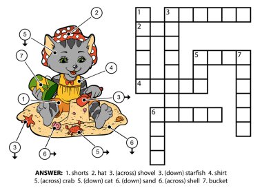 Vektör renk bulmaca. Sahilde oturup kitty