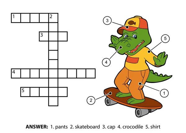 Vector color crossword. Cheerful crocodile on a skateboard — Stock Vector