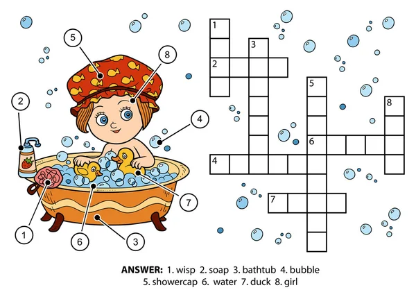 Vector color crossword. The girl takes a bath with foam — Stock Vector