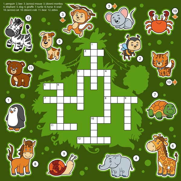 ベクトル色クロスワード、動物についての教育ゲーム — ストックベクタ