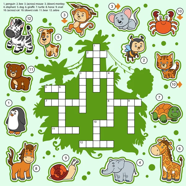 矢量彩色填字游戏，关于动物的教育游戏 — 图库矢量图片