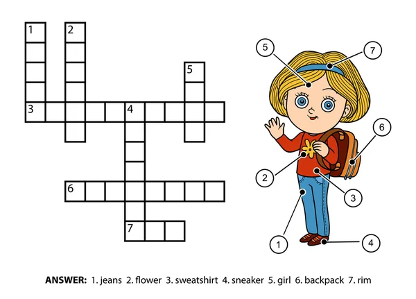 Vektorfarbe Kreuzworträtsel. Schulmädchen mit Rucksack — Stockvektor