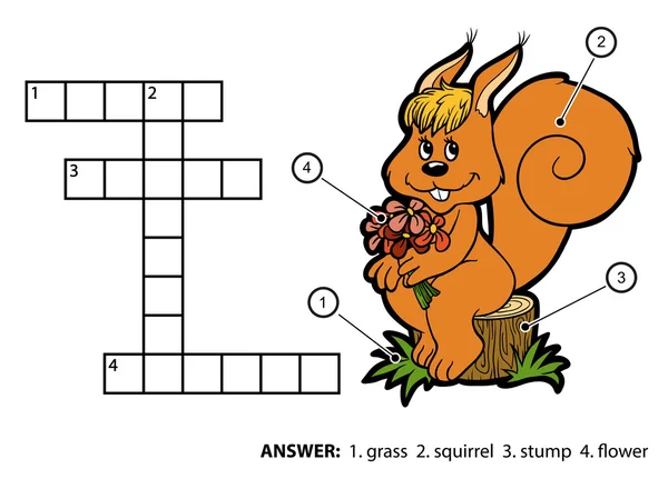 Cruciverba a colori vettoriale. Scoiattolo seduto su un tronco d'albero — Vettoriale Stock