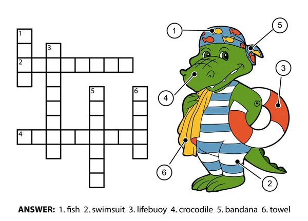 Vektorfarbe Kreuzworträtsel. Krokodilschwimmer mit Rettungsring — Stockvektor