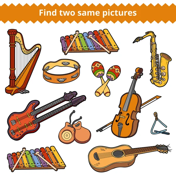 Find two same pictures. Vector set of musical instruments — Stock Vector