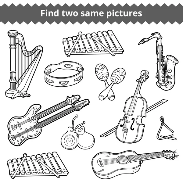 Find two same pictures. Vector set of musical instruments — Stock Vector