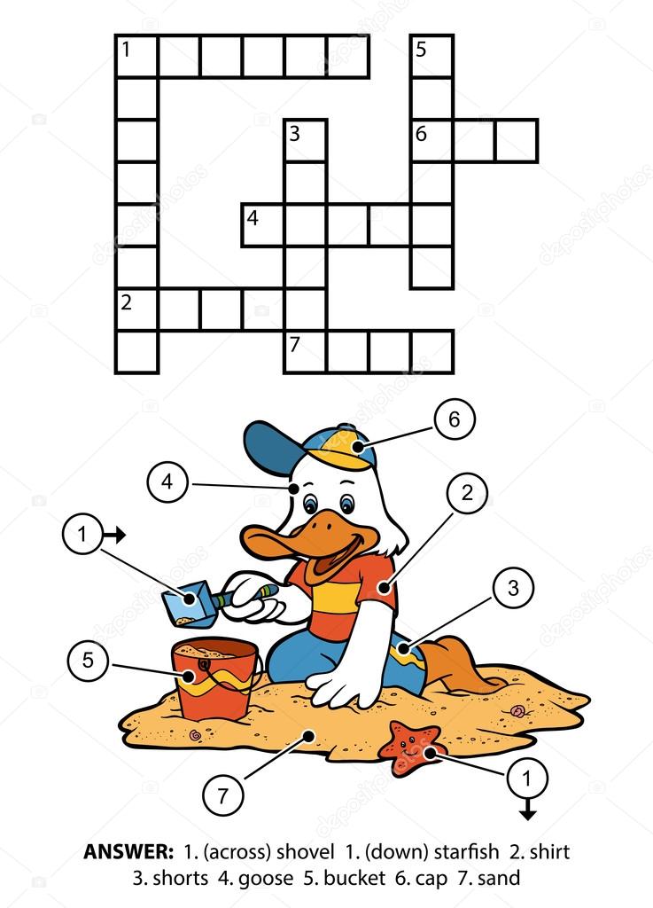 Crucigrama de color vectorial. Ganso pequeño en la playa 2024