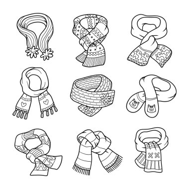 Eşarp ile hayvan ve geometrik süsler, vektör renksiz ayarla